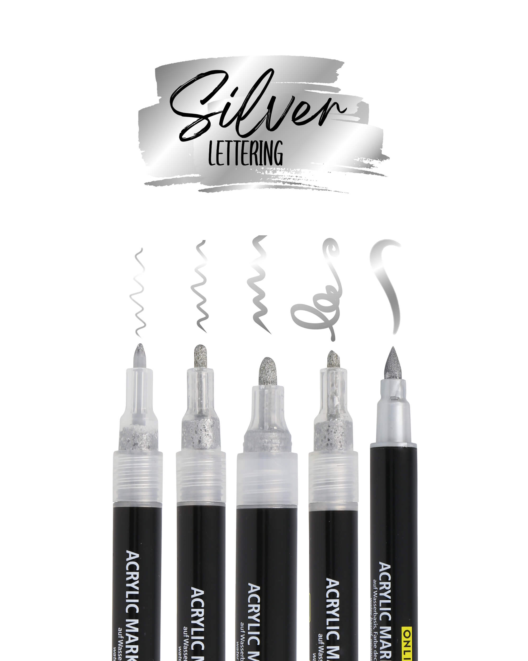 Silver Lettering Set mit Acryl Marker, Fineliner und Brushpen, 5 Stifte