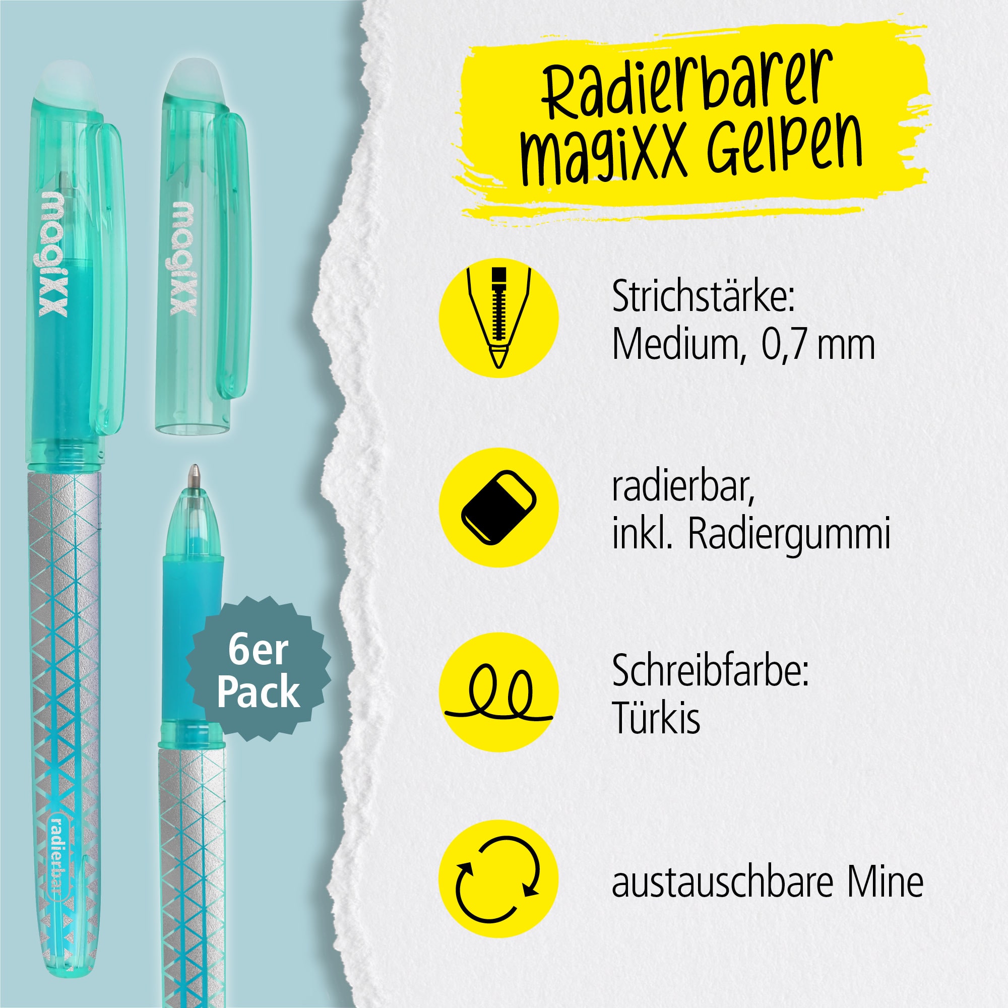 Radierbarer Gelschreiber ONLINE magiXX Classic Türkis, 6er Pack