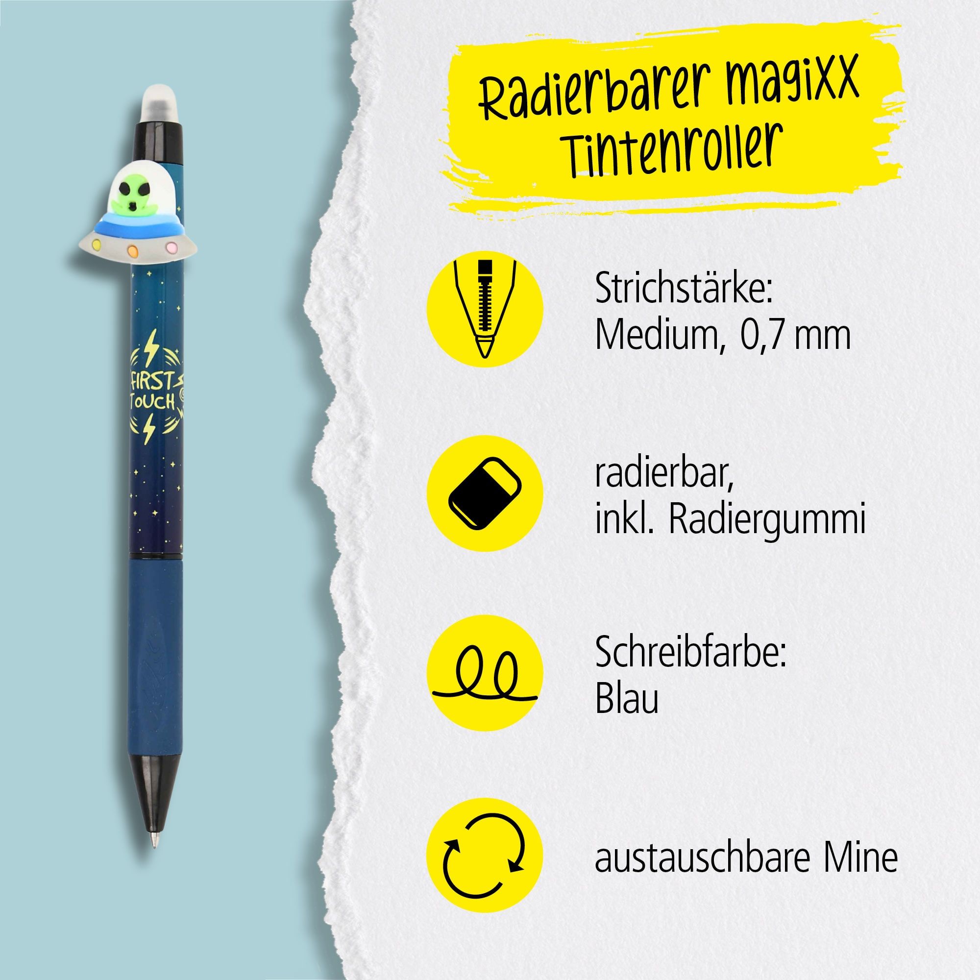 Eine austauschbare Mine und radierbare Tinte in der Schreibfarbe Blau zeichnet unsere magiXX aus