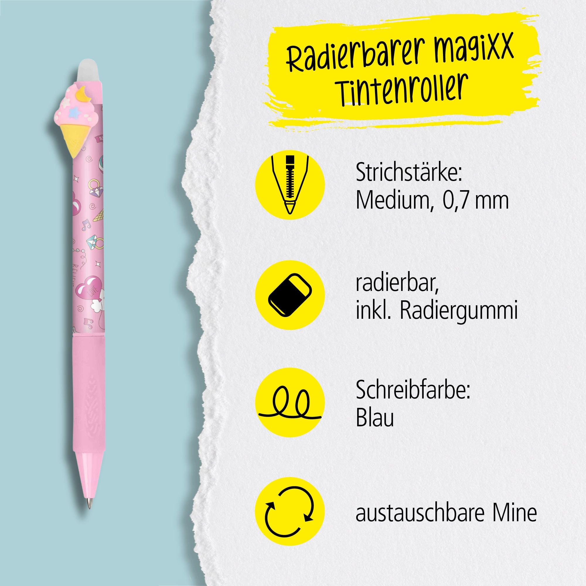 Eine austauschbare Mine und radierbare Tinte in der Schreibfarbe Blau zeichnet unsere magiXX aus