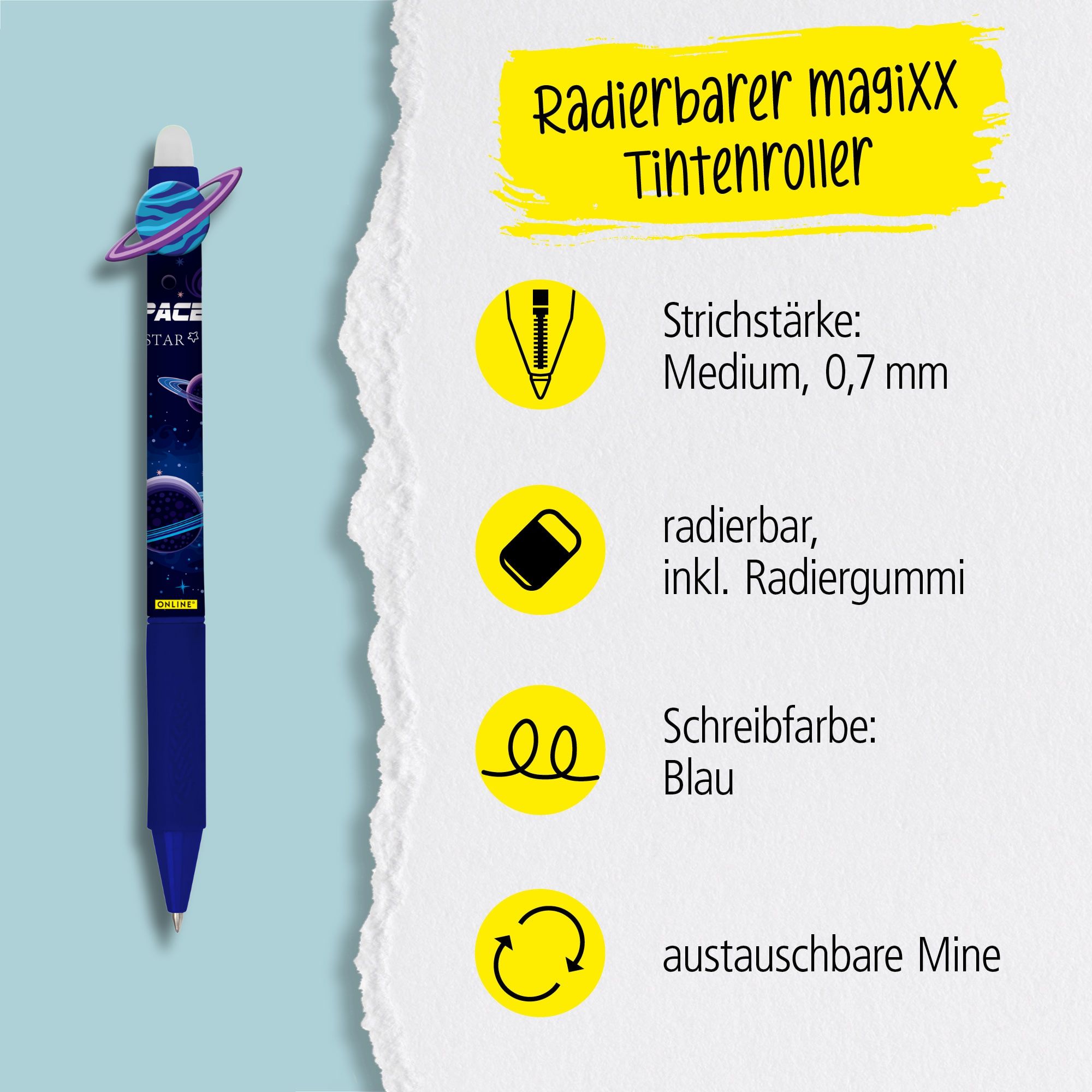 Eine austauschbare Mine und radierbare Tinte in der Schreibfarbe Blau zeichnet unsere magiXX aus